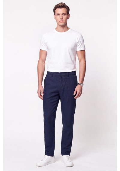 Comfort Fit Beli Lastikli %100 Keten Lacivert Pantolon P 1215