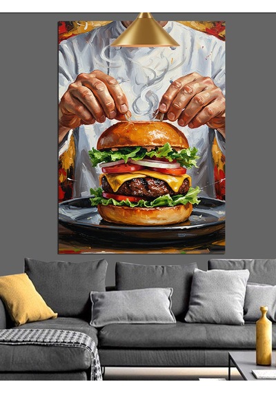 Burger Yapan Bir Adam Dekoratif Kanvas - Mdf Ahşap Tablo