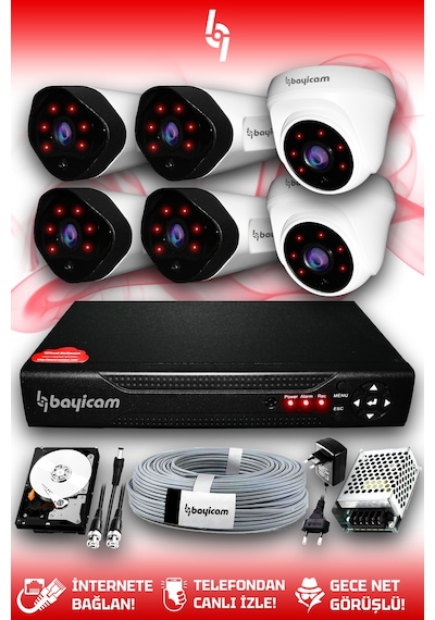 Bayicam 6 Kameralı Uzay 2 İç Kamera Set 1 TB HDD Full HD Gece Görüşlü Güvenlik Kamerası Sistemi