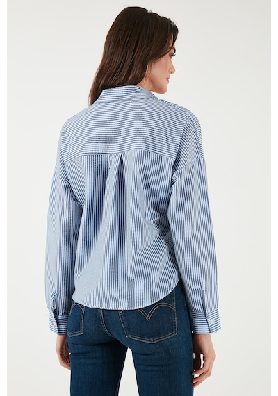 Lela Regular Fit Çizgili Göğüs Cepli Dokulu Bayan Gömlek 6772870 Indigo