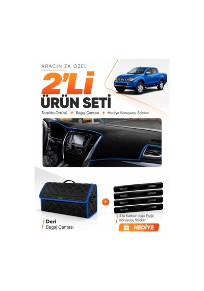 Mıtsubıshı L200 2015-2021 Uyumlu Torpido Örtüsü + Deri Bagaj Çantası + Sticker Seti - Siyah Mavi