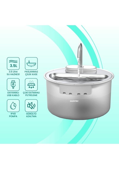 Haustier Wf009ls Otomatik Kedi Su Sebili,kedi Su Çeşmesi, Su Pınarı 3.5lt Geniş Hazne, Çelik Tabla, Ultra Sessiz,