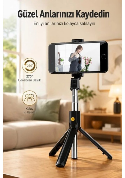 Premium Mobil Araç Çekim Aleti K07 Siyah Tripod Kumandalı Mini Selfie Çubuğu