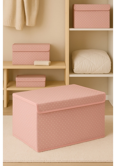 Serstil Orta Boy Kapaklı Kutu Hurç Kıyafet Battaniye Saklama Kutusu Organizer 50x40x30 Cm - Pembe Benekli Pembe Puantiye