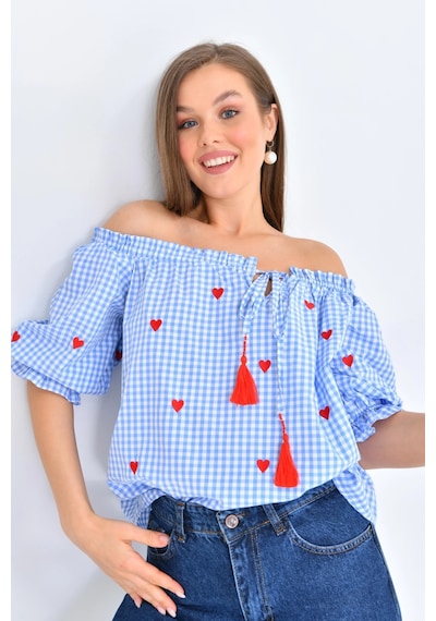 Park Karon Kadın Mavi Pötikare Yakası Fırfırlı Oversize Dokuma Bluz 001