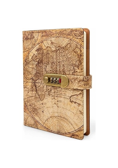 Şifreli Vintage Dünya Haritası Desenli Defter Arkadaş Hediyesi Seyahat Günlüğü Anı Defteri