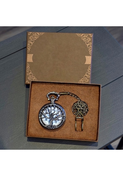 Hayat Ağacı Tasarımlı Antik Köstekli Cep Saati Zincirli Vintage Nostaljik Saat 4,5 Cm