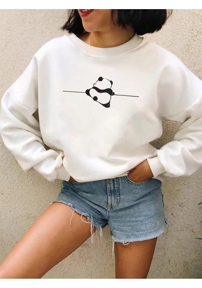 Adrift Panda Print Drop Shoulder Sweatshirt Beyaz Beyaz