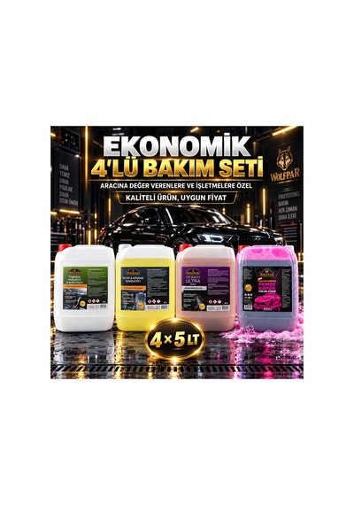 Ekonomik 4 Lü Oto Bakım Seti 4x5 Lt Pembe Köpük Şampuan, Döşeme Temizleyici, Torpido Ve Lastik Parlatıcı