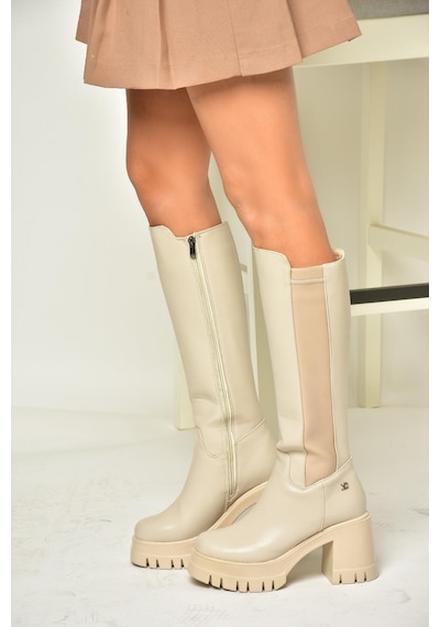 Fox Shoes T973390009 Bej Kalın Topuklu Kadın Çizme Bej