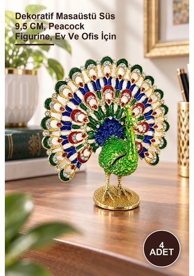 4 Adet Tavuskuşu Figür Dekoratif Masaüstü Süs 9,5 Cm, Peacock Figurine, Ev Ve Ofis İçin