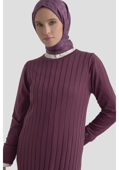 Armine Trend Kendinden Çizgili Triko Elbise Mürdüm 25ktd901