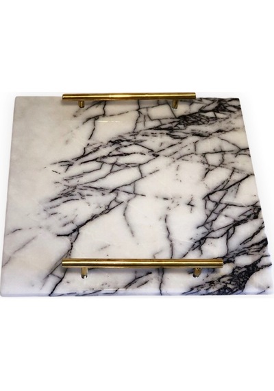 Lux & Marble Storm, Damarlı Beyaz Mermer Pirinç Kulplu Kare Tepsi