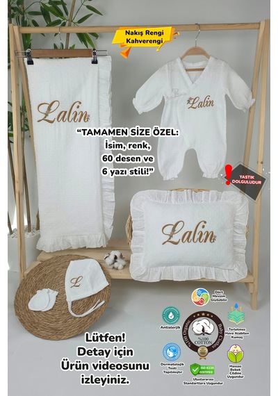 Gros Shop Müslin Yeni Doğan 4katlı Organik %100pamuk Kişiye Özgü Nakışlı Hastane Çıkış Seti-papatya Model1 Ekru