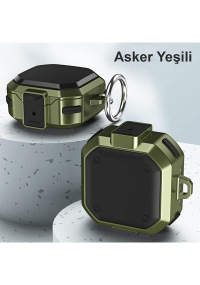 Samsung Galaxy Buds 2 Pro İçin Kılıf Darbeye Dayanıklı Sert Koruyucu + Askılık Asker Yeşili Buds 2 Pro İle Uyumlu Kılıf - Asker Yeşili