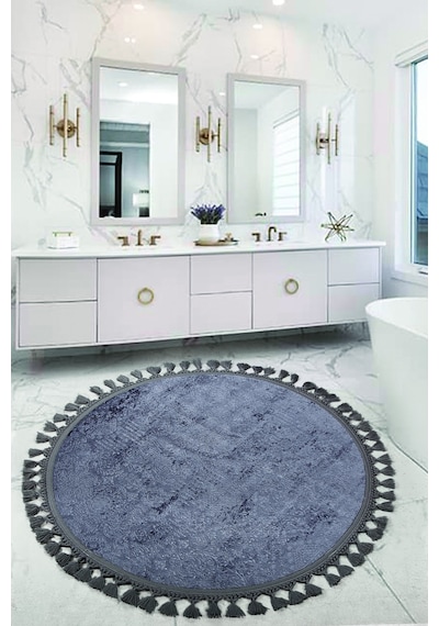 Nova Antrasit Yuvarlak 120x120 Cm Ponpon Saçaklı Kaymaz Tabanlı Antrasit