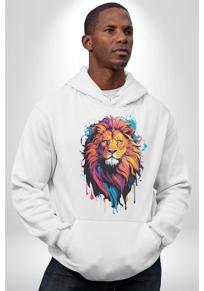 Renkli Yağlı Boya Aslan Kadın Erkek Beyaz Kapüşonlu Sweatshirt Hoodie Beyaz