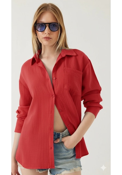 Thiff Gymwear Kadın Oversize Basic Cepli Müslin Gömlek Kırmızı