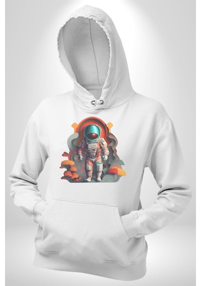 Astronot Yapay Zeka Yürüyüş Kadın Erkek Beyaz Kapüşonlu Sweatshirt Hoodie Beyaz
