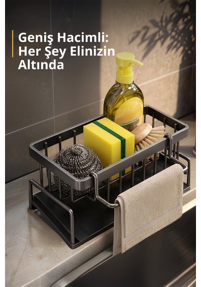 Mutfak Evye Üstü Tezgah Organizer Plastik Süngerlik Sabunluk Bez Askılı Tepsili Düzenleyici Siyah