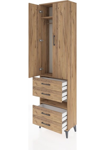 Arges Dolap 3 Raflı 4 Çekmeceli Tek Askılı 60x30x221 Çam-çam Çam