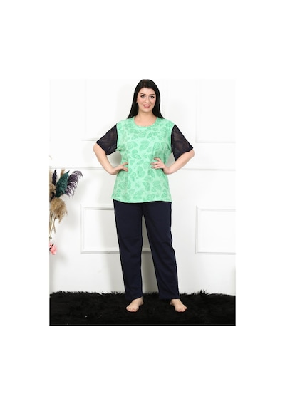 Akbeniz Kadın 5xl-6xl-7xl-8xl Büyük Beden Kısa Kol Pijama Takım 75004-yeşil Yeşil
