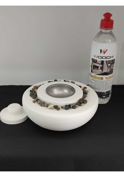 Dekoratif Masa Üstü Yuvarlak Ateş Çukuru Taş Şömine-500 Ml Yakıt Hediyeli - Beyaz