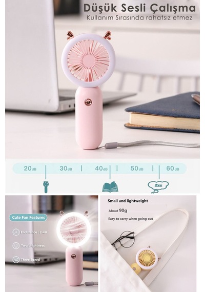 TechnoSmart Mini El Fanı Usb Şarjlı Led Işıklı Taşınabilir Ergonomik Tasarımlı