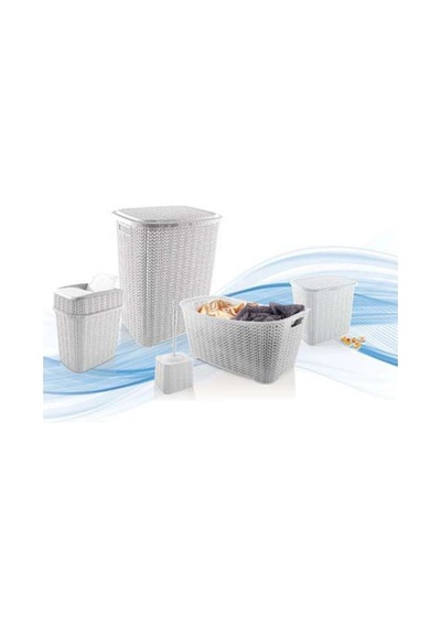 5 Parça Örgü Desenli Plastik Banyo Seti Çamaşır Sepeti Deterjanlık Çöp Kovası Klozet Fır Renkli