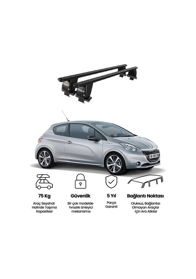 Royal Peugeot 208 2012 - 2015 Uyumlu Siyah Kilitli Ara Atkı Port Bagaj Tavan Barı