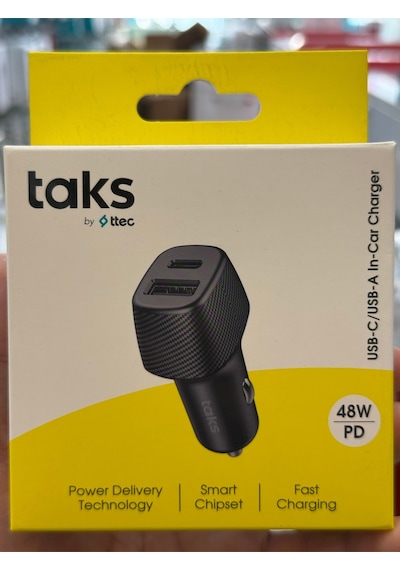 Taks 5cp02s Taks Cp02 Duo 48w Pd/qc Usb-c+usb-a Araç Hızlı Şarj Aleti Siyah