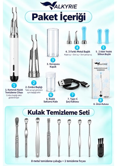 Valkyrie Kameralı Kulak Temizleme Cihazı Wi-fi Hd Kamera Led Işıklı Cımbız Başlıklı Type-c Şarjlı Set