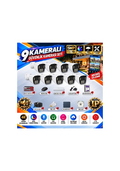 9 Kameralı 4k Sesli İp Güvenlik Kamerası Seti 5mp Gece Renkli Görüş 21 Warm Led Poe 421wsp