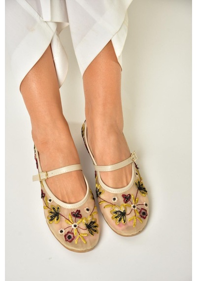 Fox Shoes U267853215 Bej File Çiçek Motifli Kadın Babet Bej-file Bej
