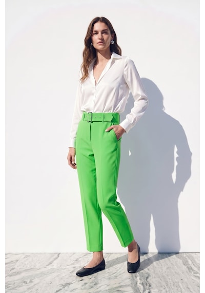 Sateen Yüksek Bel Kemerli Pantolon - Açık Yeşil-132384