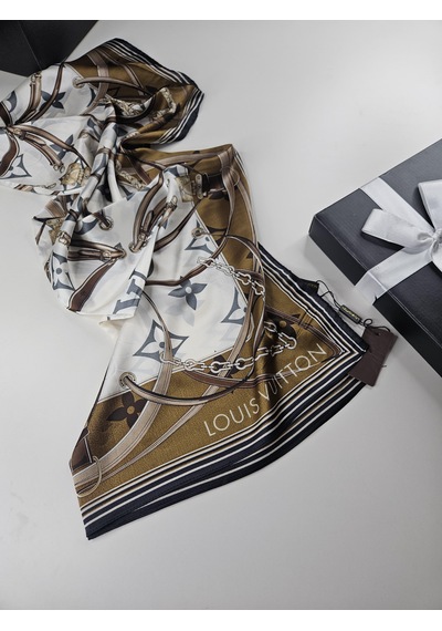 Miorel Scarfs Yeni Sezon Lv Kemer Desen Vual İpek Şal Yeni Sezon Silk Scarfs Shawl Hijab Fular Krem-Bej