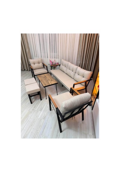 Houseart Balkon, Bahçe - Metal Kanepe Koltuk Takımı 3+1+1 + 2 Adet Puf + Sehpa Krem