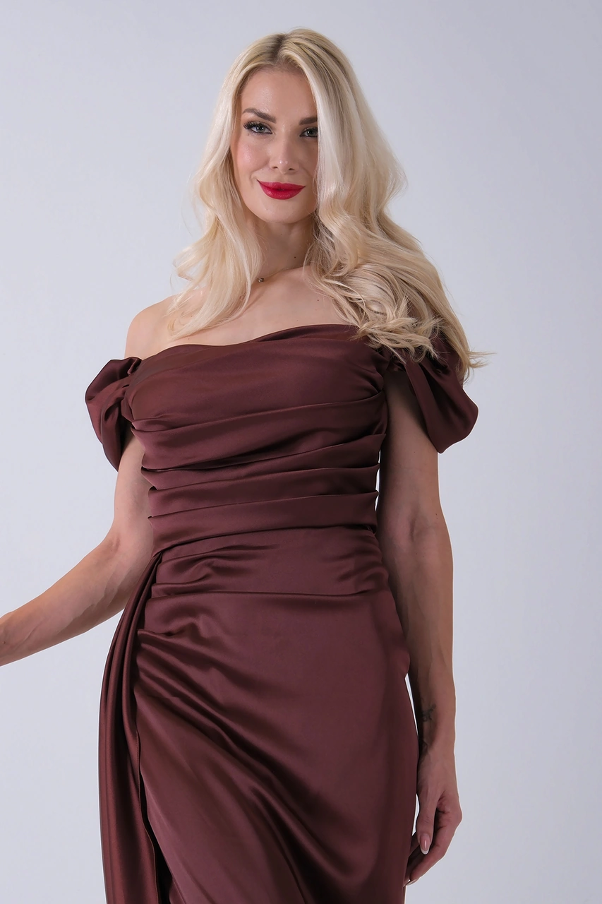 Feminist Kahve Drape Detaylı Saten Kumaş Abiye Elbise 9704858.05 Kahve