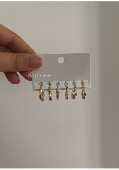Minimal Halka Küpe Seti Taş Detaylı Vintage Burgu Kadın Küpe Kombini 6 Lı Çoklu Küpe Seti Altın Altın