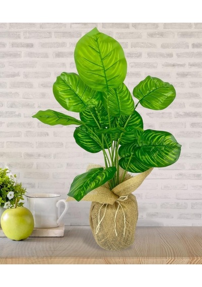 Yapay Çiçek Keten Saksıda Difenbahya Yeşil 12dal 55cm Salon Çiçeği Yapay Bitki