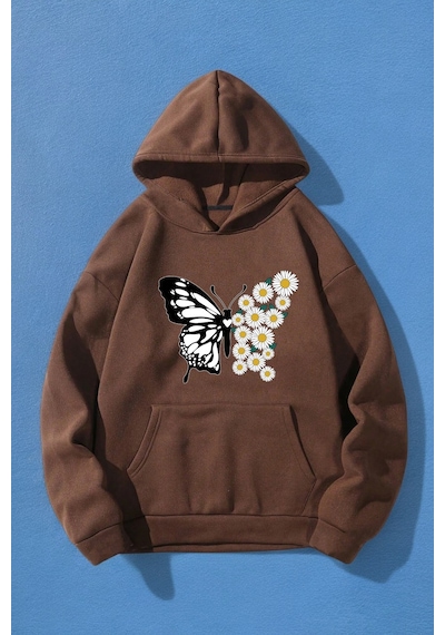 Papatya Kelebek Baskılı Oversize Sweatshirt Kahverengi