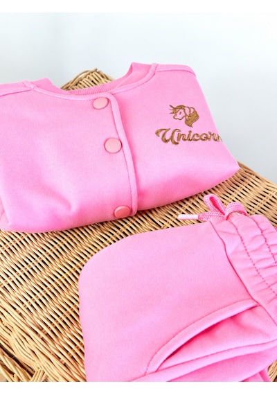 Elzo Collection Kız Çocuk Unicorn Nakış İşlemeli Pembe Kolej Ceket Eşofman Alt Üst Takım