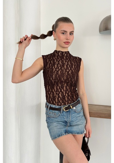 Verymoda Sıfır Kol Dantel Bluz D2750 Kahve