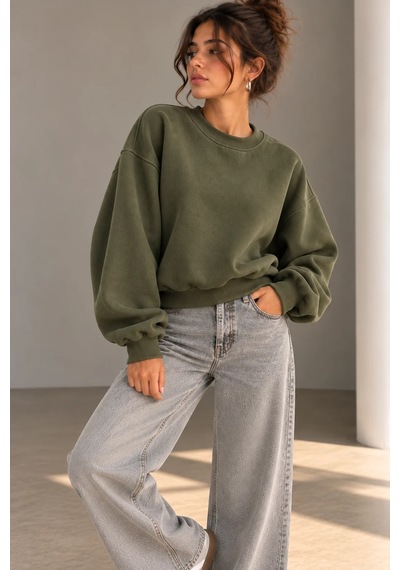 Bbbutikbasic 3 İplik Şardonlu Kısa Sweatshirt Bisiklet Yaka Kadın 3 İplik Şardonlu My3535 Haki