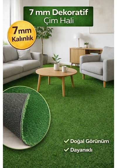 7 Mm Dekoratif Çim Halı Doğal Görünüm, Pratik Kullanım 100 x 100