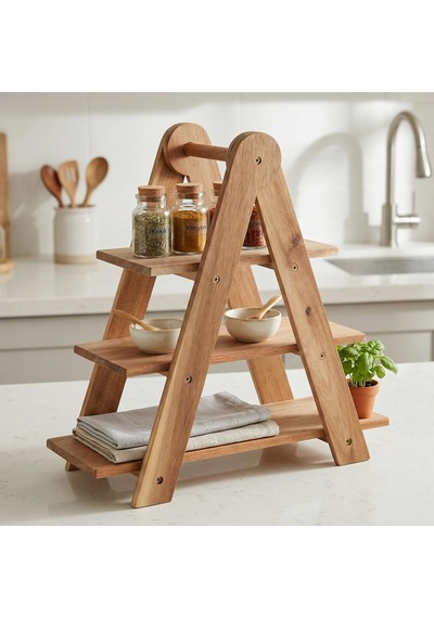 Doğal Akasya Ahşap 3 Katlı Sunum Standı - 37x12.3x37.5 Cm Çok Amaçlı Katlı Servis Tepsisi, Kurabiyelik Ve Peynir Sunumluğu Çok Renkli