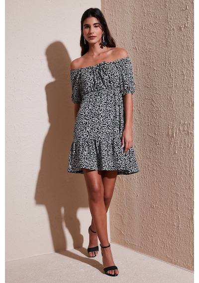 Lela Desenli Slim Fit Carmen Yaka Mini Bayan Elbise 5865620 Siyah