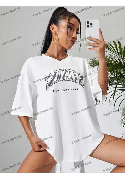 Adrift Brooklyn Baskılı Oversize Kalıp Unisex T-shirt Beyaz