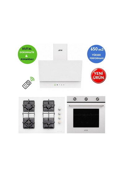 Eminçelik & AFM A43 FM7601 + 1240W Wok + Dijital FM3401W Turbo + Soğutma Beyaz Ankastre Set
