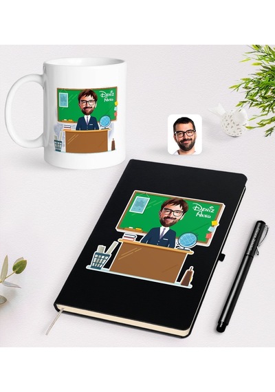 BK Gift Kişiye Özel Coğrafya Öğretmeni Karikatürlü Siyah Defter Kalem Kupa Seti